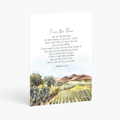 Christian postcard with Bible verse John 15:5,7-8 and watercolor design of vineyard on white background