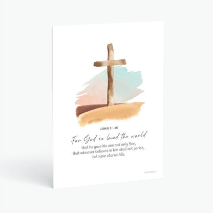 Christian postcard with Bible verse John 3:16 and watercolor cross on white background