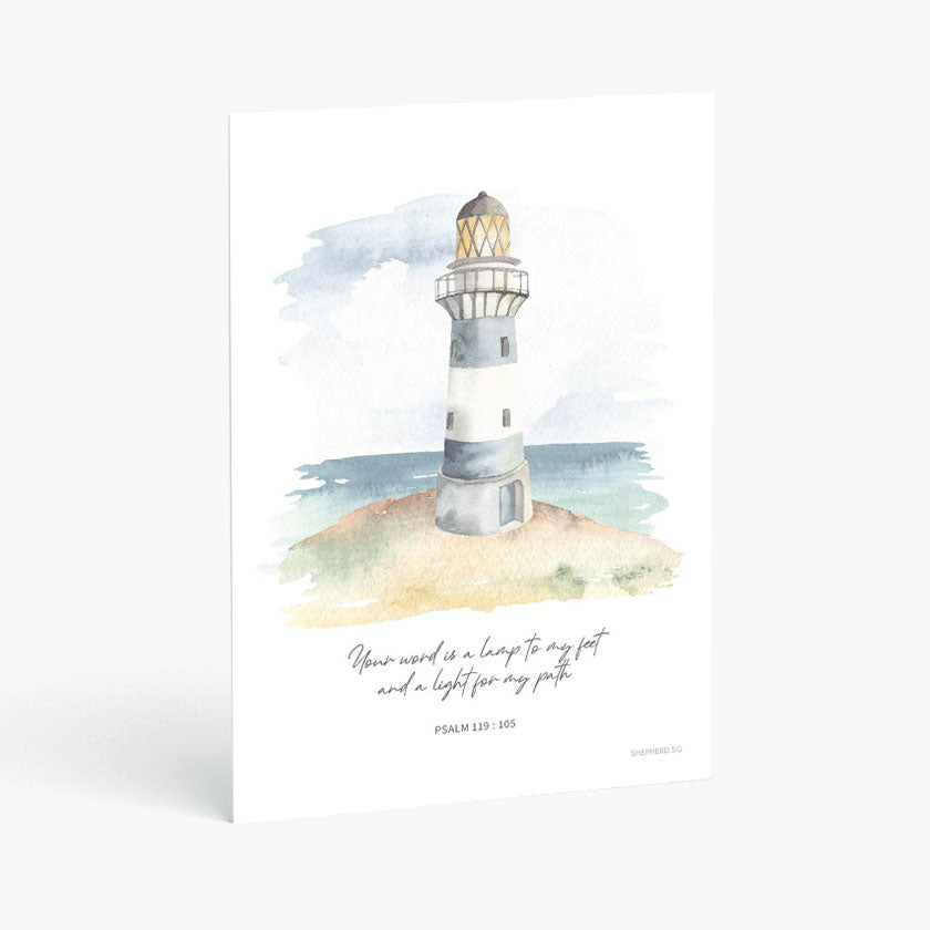 Christian postcard with Bible verse Psalm 119:105 and watercolor design of lighthouse and sea on white background