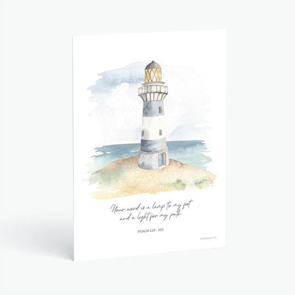 Christian postcard with Bible verse Psalm 119:105 and watercolor design of lighthouse and sea on white background
