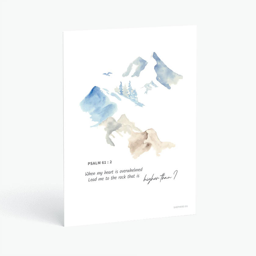 Christian postcard with Bible verse Psalm 61:2 and abstract watercolor design of mountain range on white background