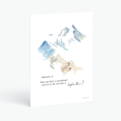 Christian postcard with Bible verse Psalm 61:2 and abstract watercolor design of mountain range on white background