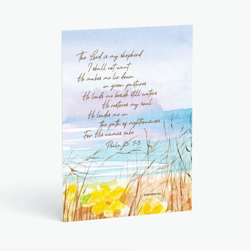 Christian postcard with Bible verse psalm 23 lord is my shepherd and watercolor design of flowers along seaside