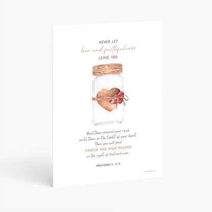 Christian postcard with Bible verse Proverbs 3:3-4 and watercolor design of a glass jar with hearts and a tied string on white background