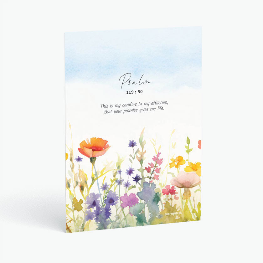 Christian postcard with Bible verse Psalm 119:50 and watercolor design of Spring flowers