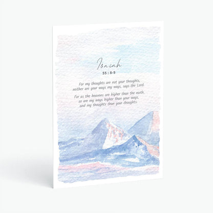 Christian postcard with Bible verse Isaiah 55:8-9 and watercolor textured painting of snowy mountain tops