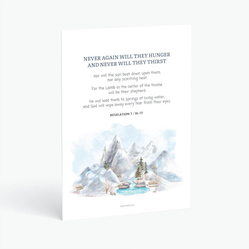 Christian postcard with Bible verse Revelation 7:16-17 and watercolor design of snowy mountains surrounding glacial lake on white background
