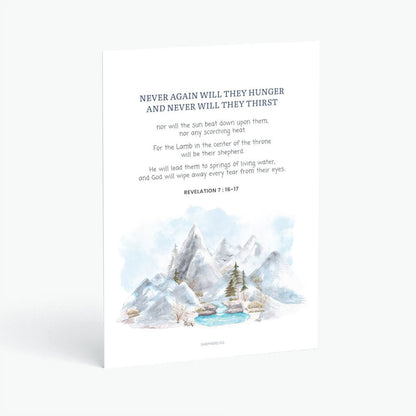 Christian postcard with Bible verse Revelation 7:16-17 and watercolor design of snowy mountains surrounding glacial lake on white background
