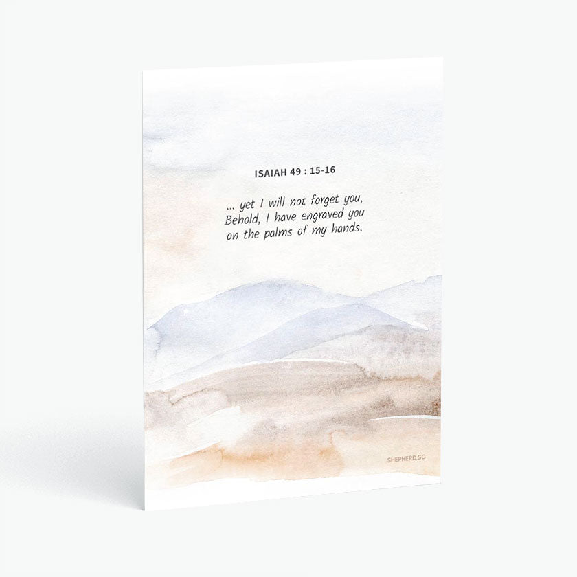 Christian postcard with Bible verse Isaiah 49:15-16 and abstract watercolor design of landscape