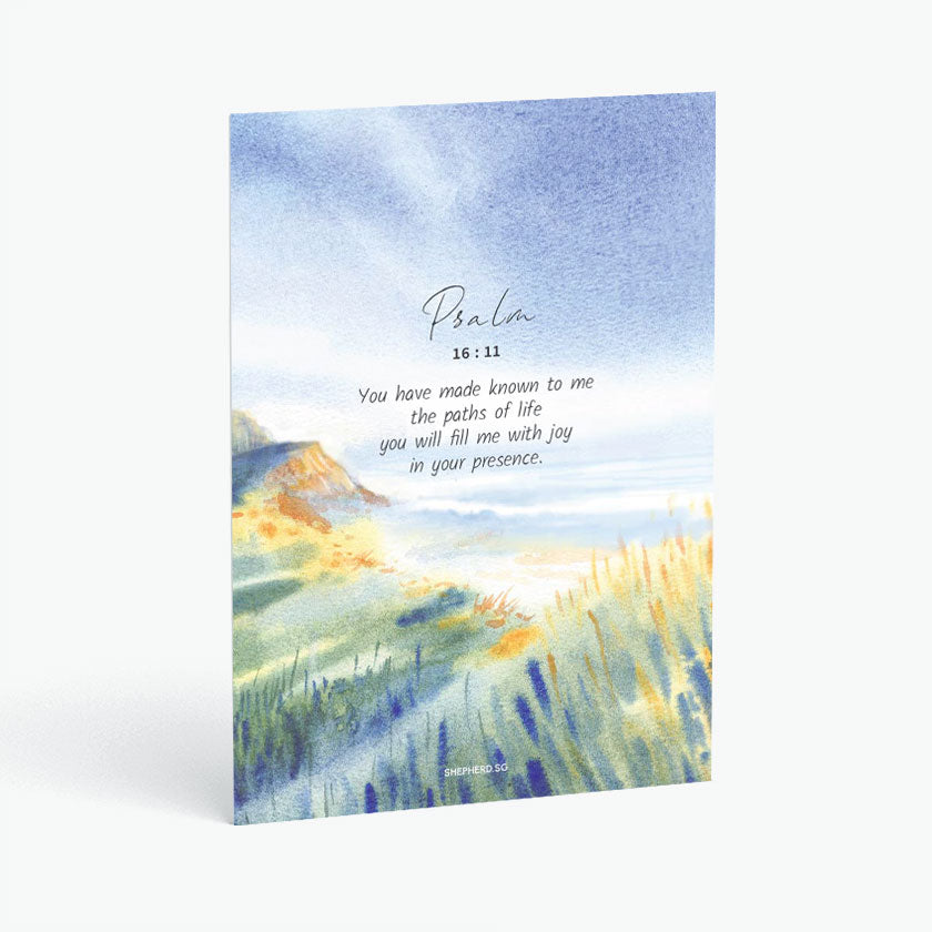 Christian postcard with Bible verse Psalm 16:11 and watercolor spring landscape of coastal line