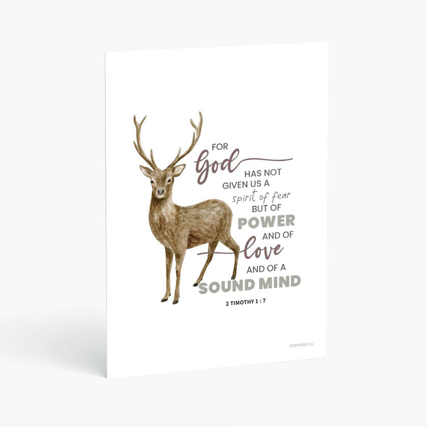 Christian postcard with Bible verse 2 Timothy 1:7 and watercolor drawing of a deer on white background