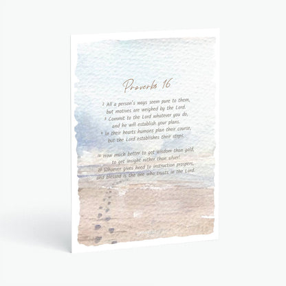 Christian postcard with Bible verse Proverbs 16 and watercolor design of footprints in the sand