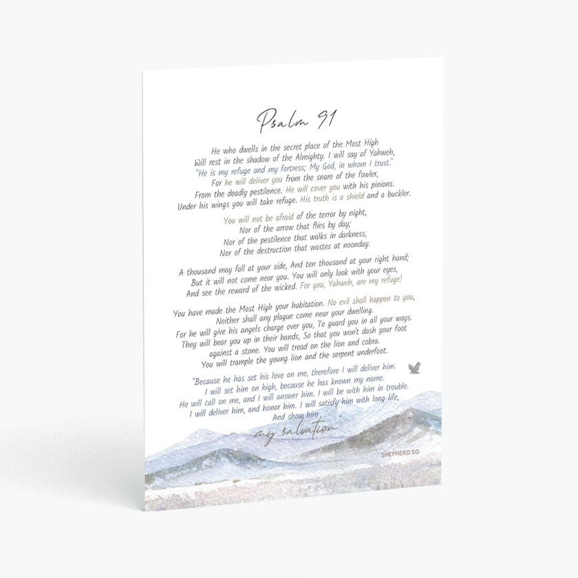 Christian postcard with Bible verse psalm 91 with watercolor design of mountains and eagle on a white background