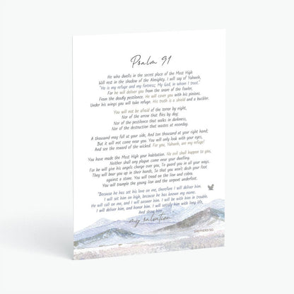 Christian postcard with Bible verse psalm 91 with watercolor design of mountains and eagle on a white background