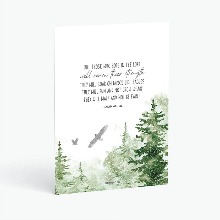 Christian postcard with Bible verse Isaiah 40:31 and watercolor design of eagles flying among trees with snow