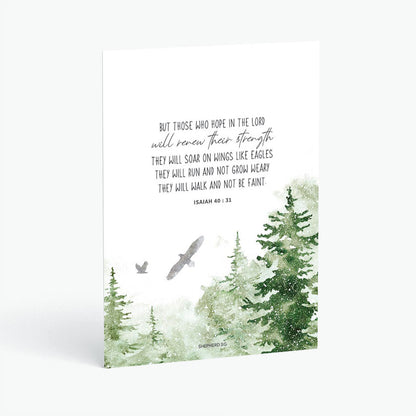 Christian postcard with Bible verse Isaiah 40:31 and watercolor design of eagles flying among trees with snow