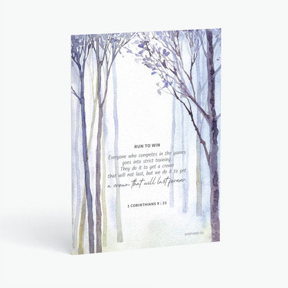 Christian postcard with bible verse 1 corinthians 9 25 and watercolor design of trees and path