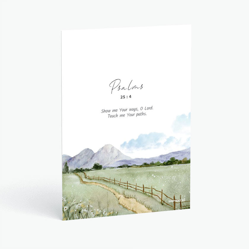 Christian postcard with Bible verse Psalms 25:4 and watercolor design of countryside path along fields and mountains