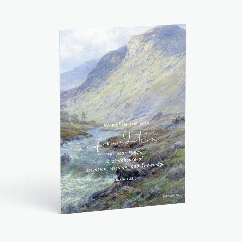 Christian postcard with Bible verse isaiah 33 6 and watercolour painting of mountain and stream