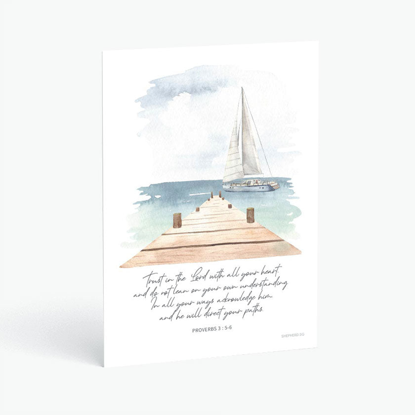 Christian postcard with Bible verse Proverbs 3:5-6 and watercolor design of sailing boat beside jetty