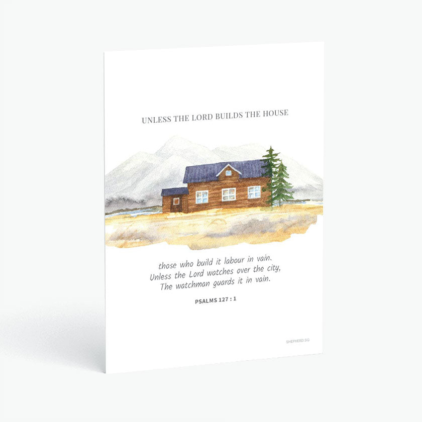 Christian postcard with Bible verse psalms 127:1 and watercolor design of wooden house on white background