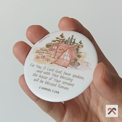 360 degrees view of flat round button magnet with bible verse 