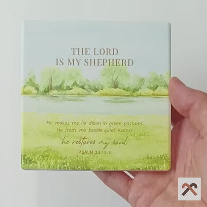 video of a ceramic square coaster with Bible verse The Lord is my Shepherd designed by shepherd.sg