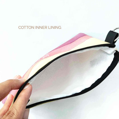 inside of pouch showing cotton inner lining on white background