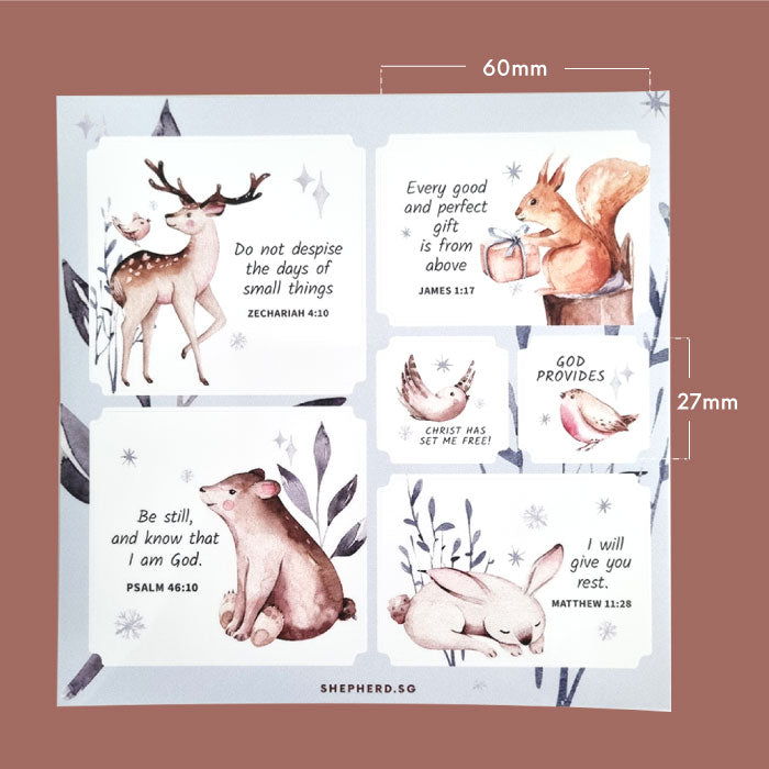 christian sticker set forest animals sizing